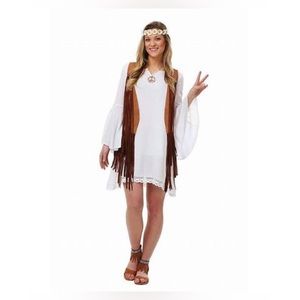 women’s Flower Child / 70s Hippie costume white crochet dress & faux suede vest